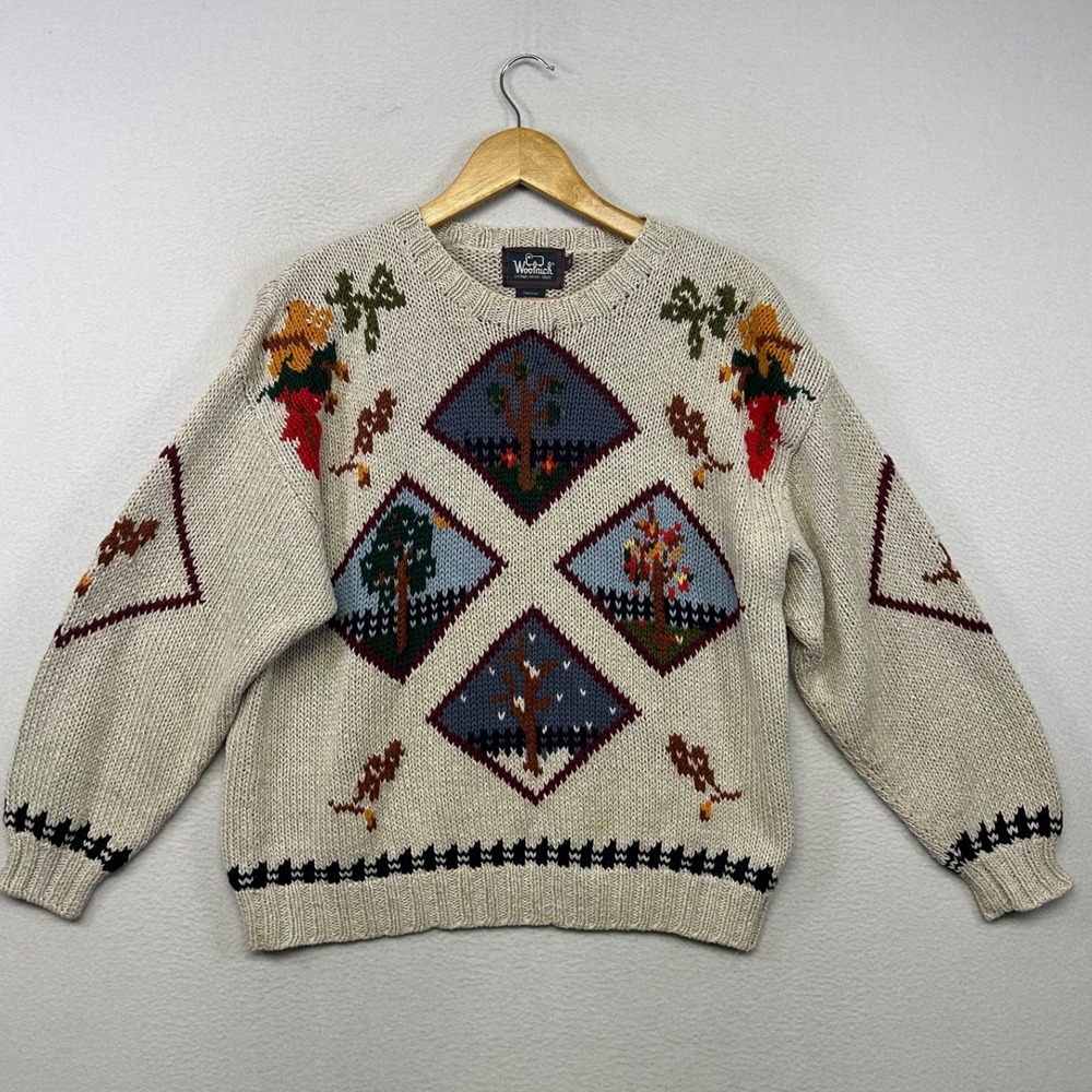 Vintage Cottagecore Woolrich Women M Oatmeal Four Seasons Handknit Fall Sweater